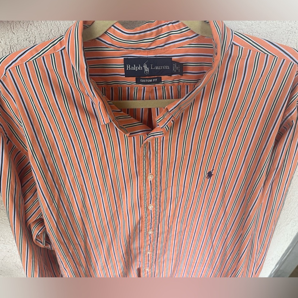Ralph Lauren orange and blue strip button down men’s shirt. Unisex. - Picture 2 of 5